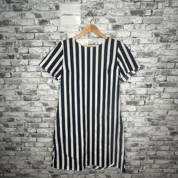 EUC COS Twist Back White and Navy Vertical Striped Dress Size 12 - Picture 2 of 16